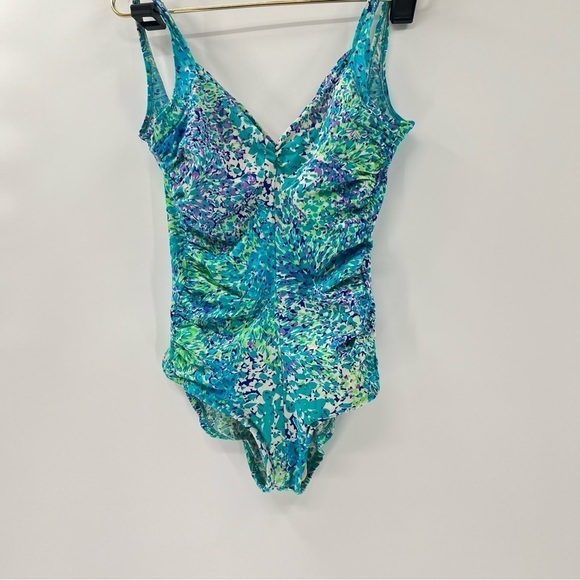 Gabar Vintage Blue Floral Print V-Neck One-Piece Full Coverage Swimsuit Size 12 - Picture 3 of 11